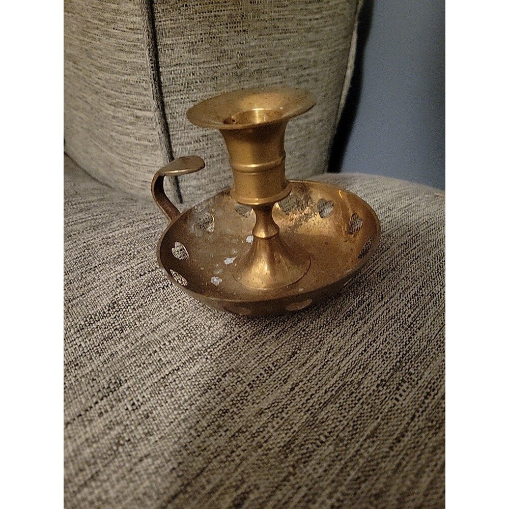 Vtg Brass Finger Candlestick Candle Holder Artist Made NH Hearts Chamberstick